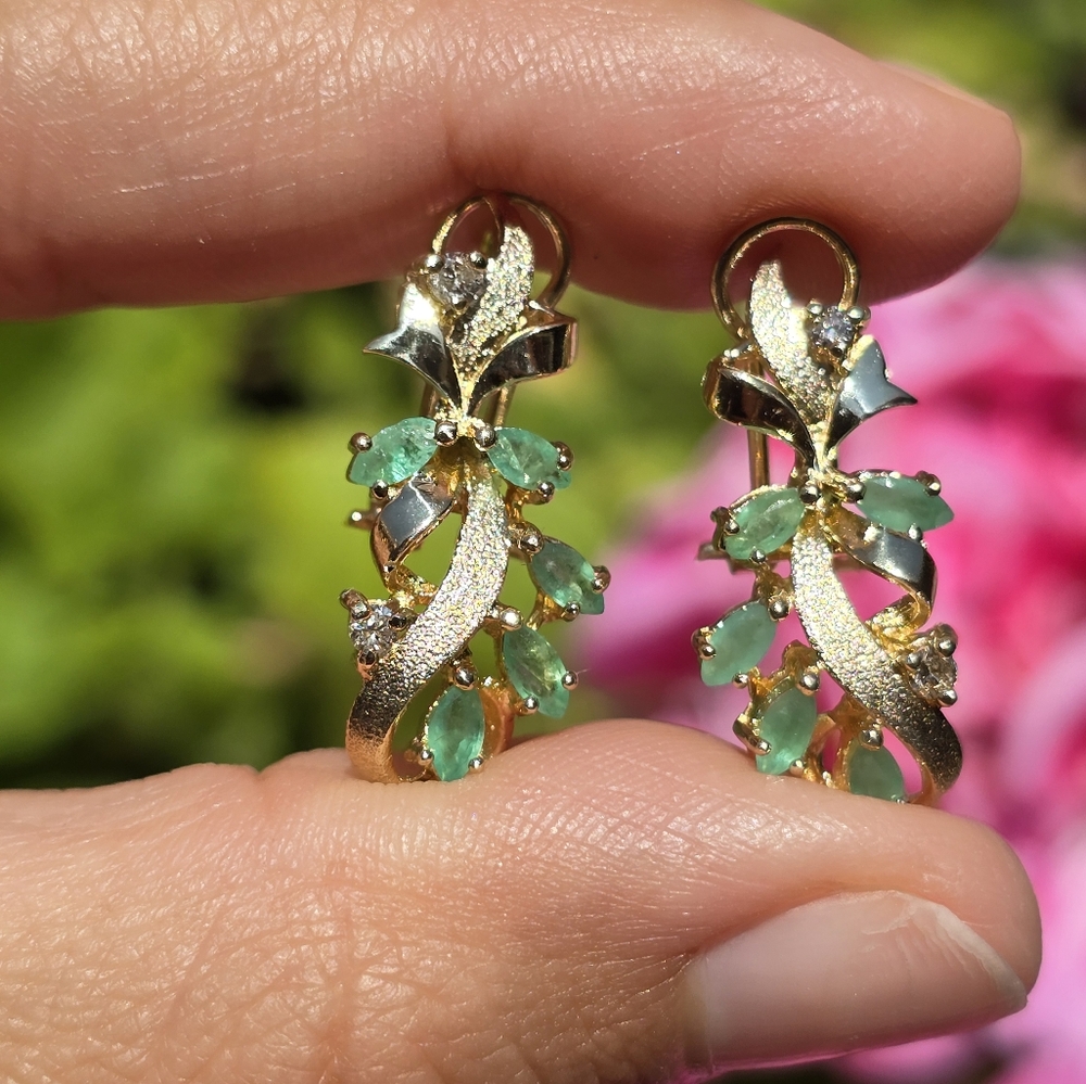 Emerald and Diamond 14k Vintage Earrings